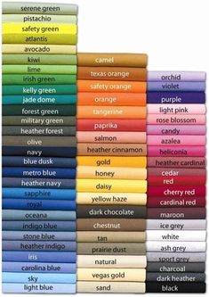 a stack of different colored sheets with the names of them in each color and font