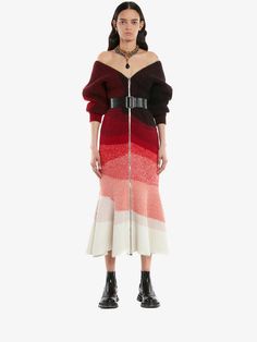 Engineered Dégradé Rib Knit Dress in Red/Black/Ivory | Alexander McQueen US Rib Knit Dress, Alexander Mcqueen Fashion, Mcqueen Fashion, From Miss To Mrs, Ribbed Knit Dress, Girl Party, Fashion House, Accessories For Men