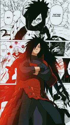 an anime character with black hair and red eyes, holding his arms crossed in front of him