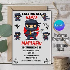 Ninja Birthday Invitations, Ninja Invitations, Easy App, Ninja Birthday, Ninja Party, Easy Apps, Art Invitation, Canva App, Party Printable