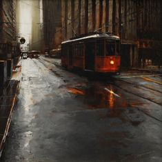 a painting of a trolley on a rainy street