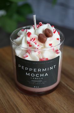 peppermint mocha in a glass container on a wooden table