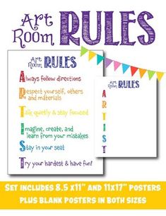 the art room rules poster set includes 5 posters