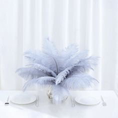 the table is set with two white plates and silverware, an ostrich feather centerpiece