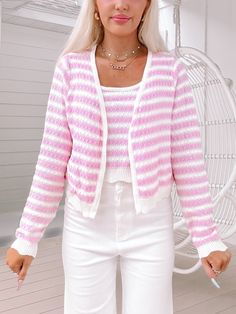 Meet the Simone Sweater Set from Sassy Shortcake! This pink and ivory striped knit ensemble includes a tank and cardigan with a playful scallop hem. Stay warm, stylish, and effortlessly put-together all at once! fits true to size, model wearing a size small content: 72% viscose 28% polyester care: hand wash cold Sassy Shortcake, Young Adult Fashion, Patriotic Dresses, Scallop Hem, Shoe Gifts, Scalloped Hem, Sweater Set, Striped Knit, Pink Sweater