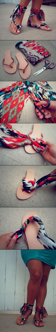 DIY Gladiator Wrap Sandals - i would use a different materials/pattern but i love this idea Diy Fashion Ideas, Umgestaltete Shirts, Dress Up Shoes, Diy Sandals, Mode Tips, Shoes Diy, Diy Vetement, Diy Summer, Wrap Sandals