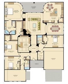 the floor plan for a home with two master suites and an open concept kitchen area