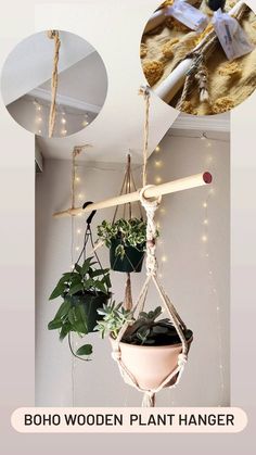 the hanging plant hanger is made from rope and has potted plants in it