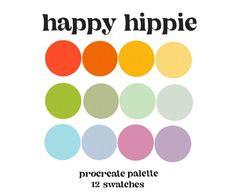 the happy hippie logo is shown in different colors and sizes, including oranges, green