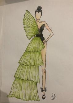 a drawing of a woman in a green dress