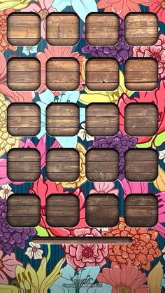 an image of a colorful flowered background with wooden frames for photoshopping and texting