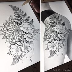 two pictures with flowers and leaves on them, one is black and white the other is grey