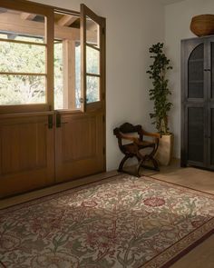 a chair sitting in front of a wooden door on top of a rug next to a potted plant