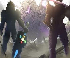 two people standing next to each other in front of a giant monster with glowing eyes