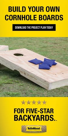 a wooden cornhole board with blue cloths on it and the text build your own cornhole boards