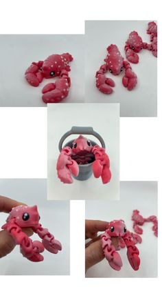 several images of pink toys being used to make them look like they are eating something