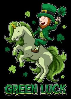 a lepreite riding on the back of a horse with shamrocks around it