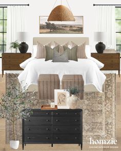 the bedroom is decorated in neutrals and browns