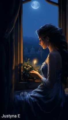 a woman sitting in front of a window holding a candle