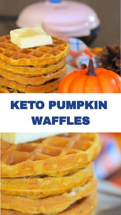 keto pumpkin waffles stacked on top of each other