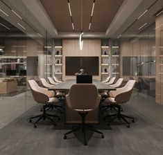 an empty conference room with chairs and a large table in front of the glass wall