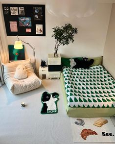 a bed room with a neatly made bed and toys