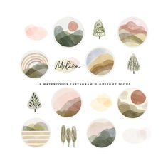 the watercolor abstract highlight icons are arranged in different shapes and sizes, including trees