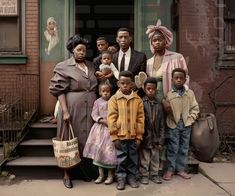 a group of people standing in front of a building with a woman and two children