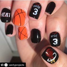 Team Nails Sports, Cute Basketball Nails Design, Miami Heat Nails, Basketball Nails Acrylic, Basketball Nail Art, Basketball Nails Designs, Nails Basketball, Basketball Nail Designs, Seafoam Green Nails