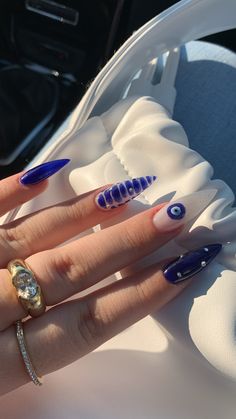 Evil Eye Almond Nails, Wet Nails Look, Crazy Nail Designs Creative, Almond Nail Designs Trending Now, Crazy Nails Ideas, Blue Nails Summer, Nail Inspo Unique, Finger Biting, Birmingham City University