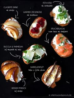 an image of different types of breads with toppings on them in english and french