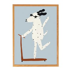 a white dog on a skateboard in a wooden frame