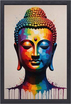 a painting of a buddha head with colorful paint drips on the bottom and bottom