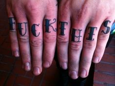 two people with tattoos on their hands are holding each other's fingers and the words fuffles written in cursive font