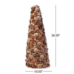 a tall pine cone is shown with measurements for the top and bottom portion, as well as