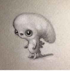 a pencil drawing of a small creature with big eyes and an odd looking head, standing on its hind legs