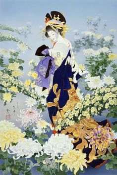 a painting of two women standing in front of white and yellow flowers with blue sky behind them