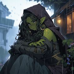 a woman dressed as an elf sitting in the rain with her hands on her chest