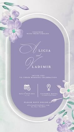 an elegant wedding card with purple flowers