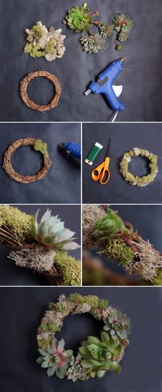 the process of making an artificial wreath with flowers and leaves is shown in multiple pictures