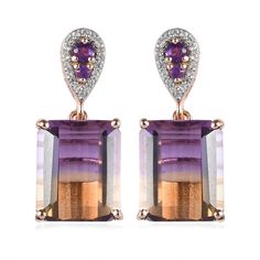 Ametrine is a transparent, bicolored quartz that has the contrasting colors of amethyst and citrine, giving it a magnificent appearance. Featuring 12x10mm octagon-shaped, 5.50 carat ametrine gems, these 11.38 carat Gem Treasures drop earrings are sure to be admired. Each large ametrine dangles beneath an embellishment of two African amethysts and 18 dazzling white zircons. You'll love the playful movement as they dance in the light! The pair is crafted in 18K rose gold vermeil over sterling silv Multi Earrings, Amethyst And Citrine, Gem Earrings, Jewelry Plate, 18k Rose Gold, Gold Vermeil, Citrine, Contrasting Colors, The Light