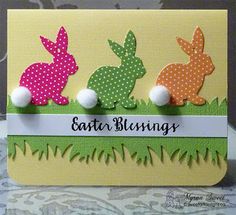 an easter card with three bunnies in the grass and polka doted eggs on it