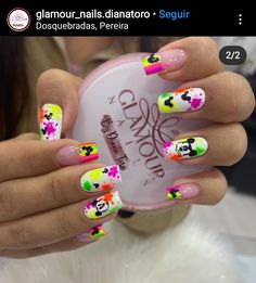 Neon Mickey Nails, Colorful Mickey Nails, Summer Disney Nails 2023, Neon Disney Nails, Bright Disney Nails, Orlando Nails, Pink Bling Nails, Ruby Nails