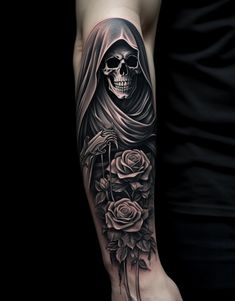 a person with a skull and roses tattoo on their arm