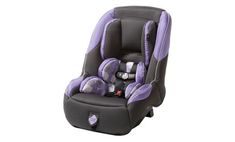 a baby car seat with purple and black accents