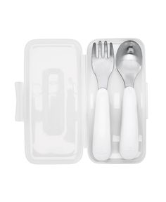 two forks, spoons and an empty container with utensils in it on a white background