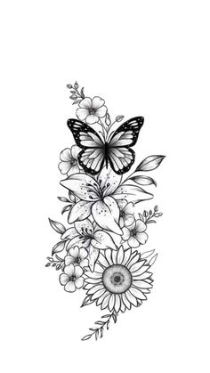 a black and white drawing of flowers with a butterfly on top