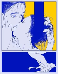 two different images of a man kissing a woman's face with the same image in blue and yellow