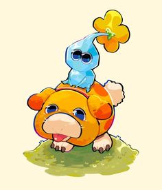 an orange and blue animal sitting on top of a green grass covered ground next to a yellow flower