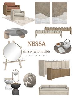 a bunch of furniture that is in different colors and sizes, with the words nessa on